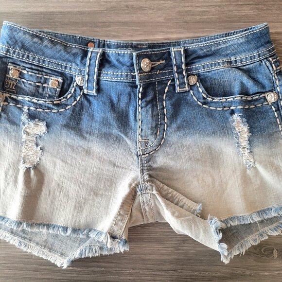 MISS ME SHORTS BLEACH DIP DYE BLUE OMBRE STRETCH LOW RISE DISTRESSED SIZE 28 - Picture 1 of 14